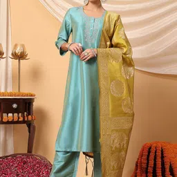 House Of Zelena Floral Embroidered Thread Work Kurta with Palazzos & Dupatta-image-27