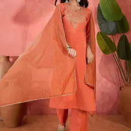 Sangria Zari Sequence Embroidered Straight Kurta Set With Dupatta-15