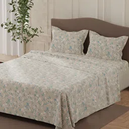 Layers Grey & Blue Floral 140 TC Queen Bedsheet with 2 Pillow Covers-image-60