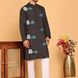 Anouk Blue Animal Embroidered Sequinned Mandarin Collar Straight Kurta With Pyjamas-13