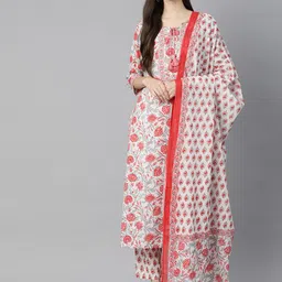 Chandbaali Floral Printed Tie-Up Neck Pure Cotton Straight Kurta With Trousers And Dupatta-image-35