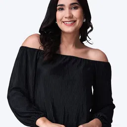 Popwings Women Solid Self Design Off-Shoulder Crop Top-picture-12