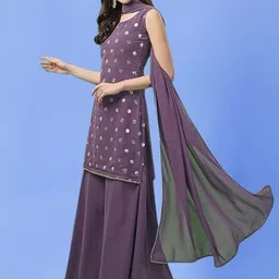 PARROT CREATION Geometric Embroidered Sequinned Georgette Kurti with Sharara And Dupatta image 2