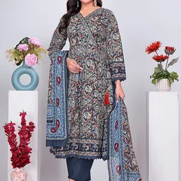 Pionex Floral Printed V-Neck Pure Cotton Kurta With Trousers And Dupatta-picture-17