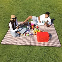 HOKIPO Brown & White Checked Foldable Waterproof Sand Proof Picnic Mat Blanket-4