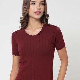 Kalt Women Half Sleeves Round Neck Ribbed Cotton Top-picture-17
