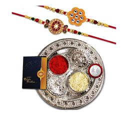 DeoDap Unisex Set of 2 Rakhis with Pooja Thali Roli Chawal Coin Greeting Card Gift Set-45