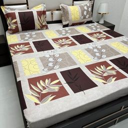 Pure Decor Brown & Yellow Floral Queen Bedsheet with 2 Pillow Covers-image-101