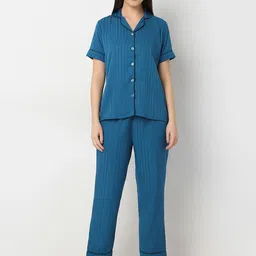Smarty Pants Women Striped Lapel Collar Night suit-image-77