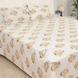 Jaipur Weaves Yellow & Beige Floral King Bedsheet with 2 Pillow Covers-picture-32