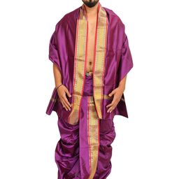 Exotic India Art Silk Ready to Wear Dhoti and Veshti Set with Woven Golden Border-image-100