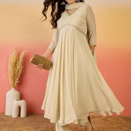 Sangria Floral Yoke Design Thread Work Georgette Anarkali Kurta & Trousers With Dupatta-36