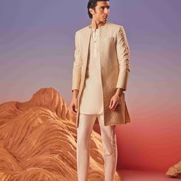 Eleven Brothers Men Yoke Design Keyhole Neck Flared Sleeves Chanderi Silk Kurta-image-48