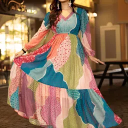 Pinly Women Colourblocked Puff Sleeves Fit & Flare Maxi Dress-picture-17