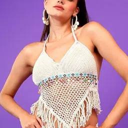 BRACHY Medium Coverage Lightly Padded Halter Lace up Tassels Bralette Bra-image-18