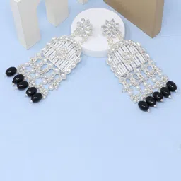 BELWICK Silver-Plated Kundan Studded Geometric Shaped Drop Earrings-3