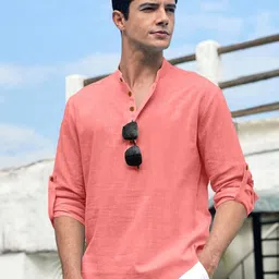 FINAXO FASHION Solid Band Collar Straight Cotton Short Kurta-26