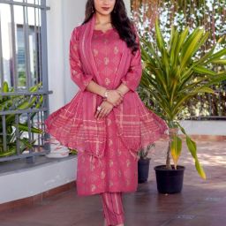 Wine Reyon Printed Kurta Set with Dupatta – Elegant Ethnic Wear for Women Self Design Kurta, Trouser/Pant & Dupatta Set-image-1