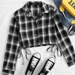 Casual Cuffed Sleeves Checkered Women Black, White Top-image-19