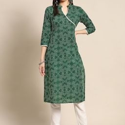 anayna Women Green & White Bandhani Printed Pure Cotton Gotta Patti Kurta-17