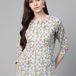 Bhama Couture Women Blue & Pink Floral Print A-Line Pure Cotton Top-image-36
