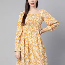 plusS White & Mustard Yellow Smocked Printed Dress-picture-20
