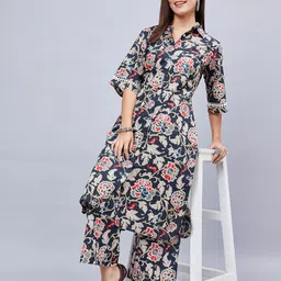 WineRed Floral Printed Shirt Collar Three-Quarter Sleeves Pure Cotton Top With Trouser-picture-50