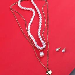 Zaveri Pearls Gold Tone Contemporary 3 Layers Pearl Necklace Chain With Earring-ZPFK10603-82
