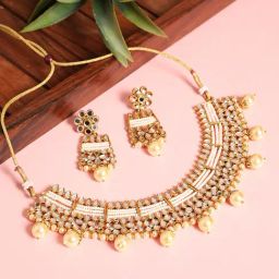 Aatmana Gold-Plated Mirror Studded White Beads Reversible Necklace & Earring Set-image-41