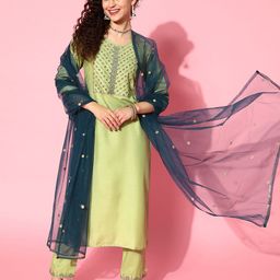 SheWill Women Green Floral Embroidered Kurta Set with Dupatta-picture-15