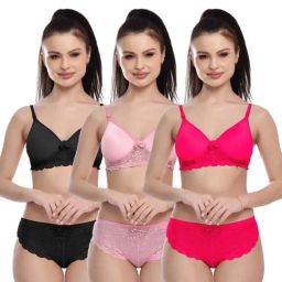 FIMS Rani Pink & Black Lace Work Bra Panty Sets - Pack Of 3-43