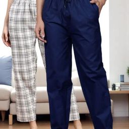 Kryptic Blue & Beige Cotton Relaxed Fit Printed Lounge Pants - Pack of 2-image-94