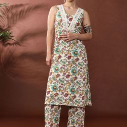 Anouk Floral Printed Square Neck Mirror Work Pure Cotton Kurta With Trouser-2