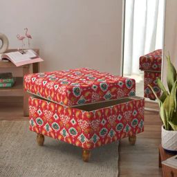 Chumbak Ikat Red Mango Wood Modern Trunk Storage Ottoman-14