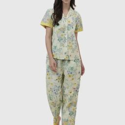 Fabindia Cream & Yellow Cotton Floral Print Shirt Pyjama Set-image-45