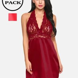 FIMS: Fashion is my Style Red & Maroon Lace Work Babydoll With Thong-image-91