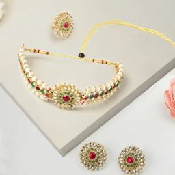 Zaveri Pearls Green & Pink Traditional Kundan Choker Necklace Earring & Ring Set-ZPFK10803-image-57