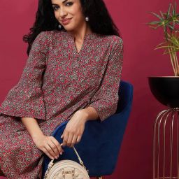 Globus Red Cotton Printed Regular Fit A Line Dress-image-1
