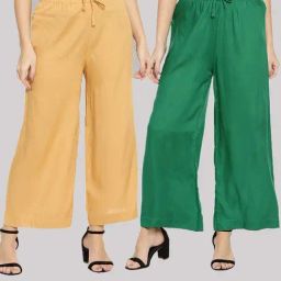 TWIN BIRDS Beige & Green Mid Rise Palazzos - Pack Of 2-image-72