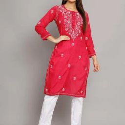 PARAMOUNT CHIKAN Fuchsia Cotton Embroidered Straight Kurta-picture-32