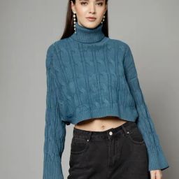 Mafadeny Teal Self Design Crop Sweater-image-49