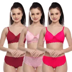 FIMS Rani Pink & Maroon Lace Work Bra Panty Sets - Pack Of 3-image-60