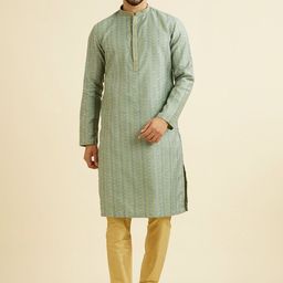 Manyavar Ethnic Motifs Printed Thread Work Mandarin Collar Straight Kurta With Trousers-picture-3