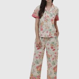 Fabindia Beige & Pink Cotton Floral Print Shirt Pyjama Set-image-17