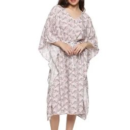 Don Vino Dusty Pink Cotton Printed Kaftan Night Dress-picture-43