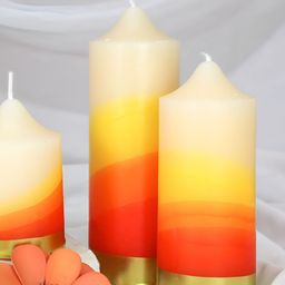 TIED RIBBONS Red & Yellow 3 Pieces Gardenia Scented 14 -16 Hours Burn Time Pillar Candles-12
