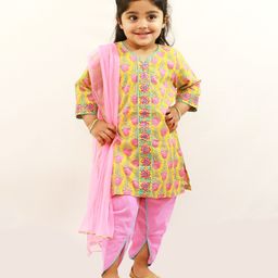 Campana Three Fourth Sleeves Ethnic Tulip Floral Print Kurta With Dhoti And Dupatta - Yellow Pink-image-38
