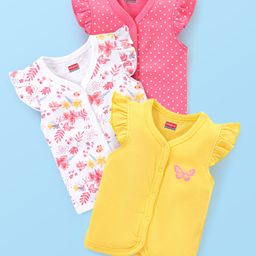Babyhug 100% Cotton Knit Short Sleeves Set of Vests Butterfly Print Pack of 3 - Pink White & Yellow-image-44