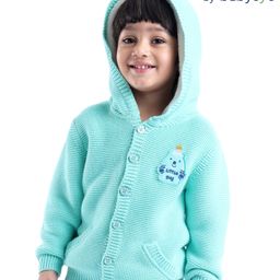 Babyoye 100% Cotton Solid Dyed Full Sleeves Hooded Front Open Sweater with Bear Patch - Blue-image-82