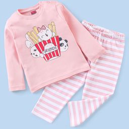 Babyhug Cotton Interlock Full Sleeves Night Suit with Kitty Print - Pink-image-24